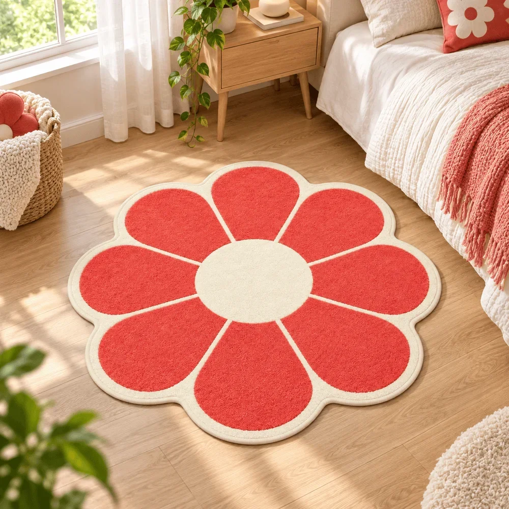 Coral Daisy Flower Shaped Area Rug Floral Floor Mat for Bedroom Living Room Entryway Dorm Vanity Room Cute Home Decor Gift Idea