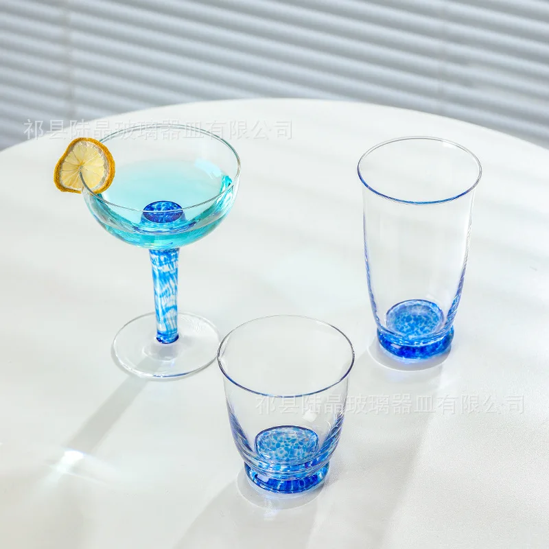 Crystal Blue Patterned Glass Cup, Artificially Blown Whiskey Glass, High-value Household High Footed Glass, Bar Wine Accessory