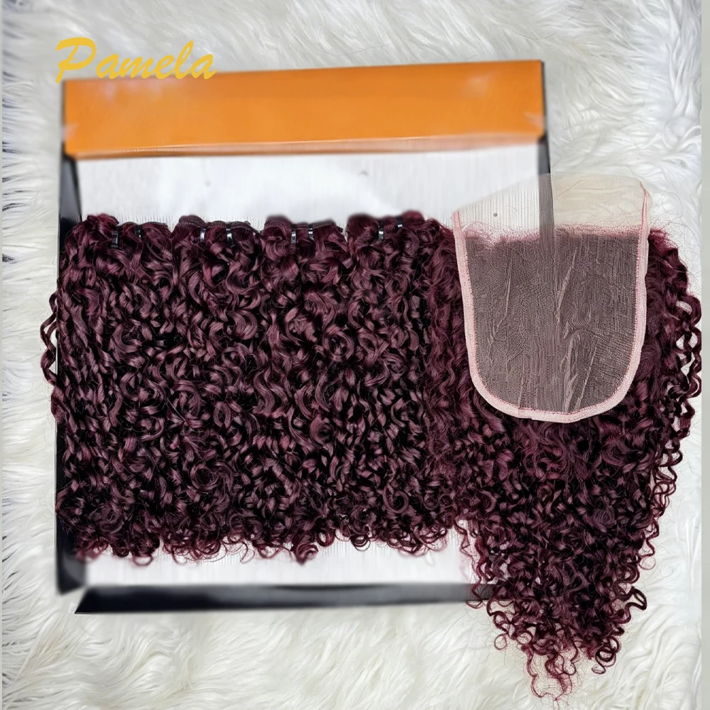 Burmese Curly Human Hair Bundles With 5x5 Closure And 3 Bundles 100% Human Hair Extensions Burgundy Color 13x6 Lace Frontal