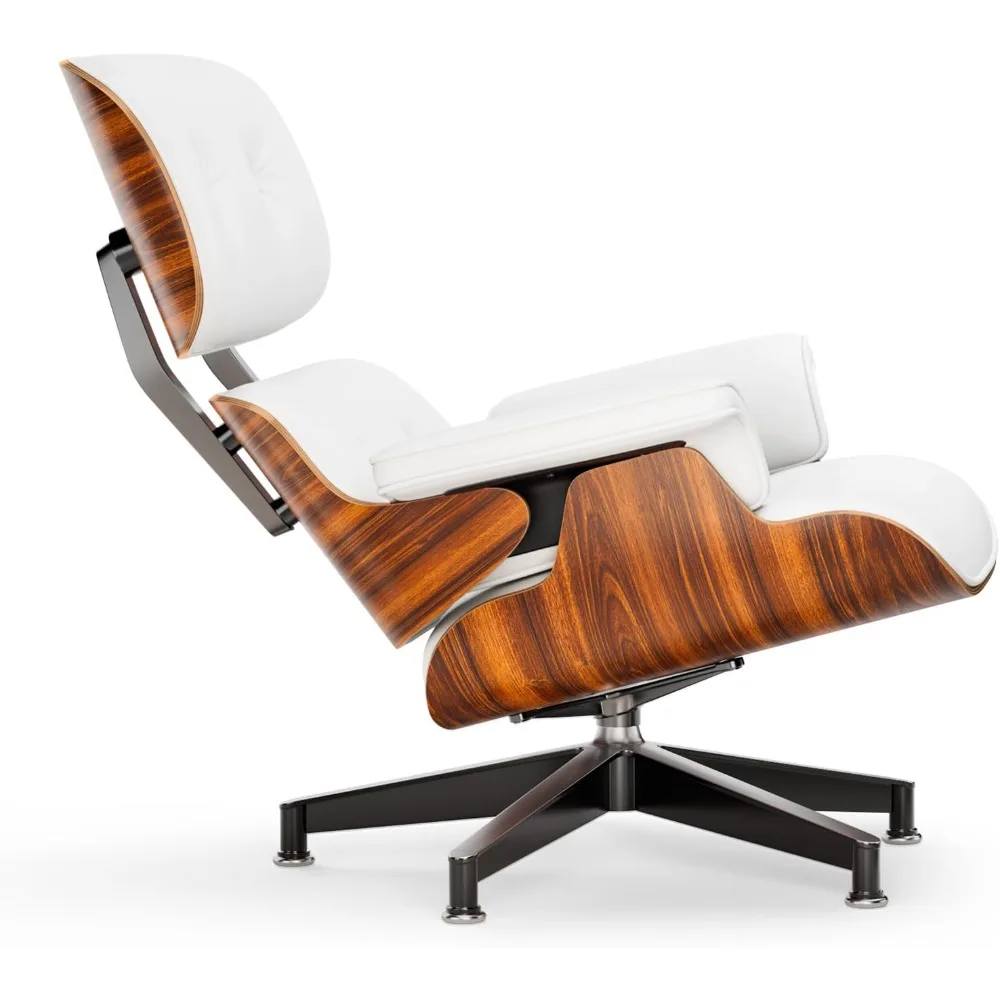 เก้าอี้พักผ่อนและออตโตมันสไตล์มิดเซ็นจูรี่ หุ้มด้วยหนัง PU สีขาวคุณภาพสูง ดีไซน์คลาสสิกทันสมัย โครงไม้ปาลิแซนเดอร์ ฐานแข็งแรงทนทาน