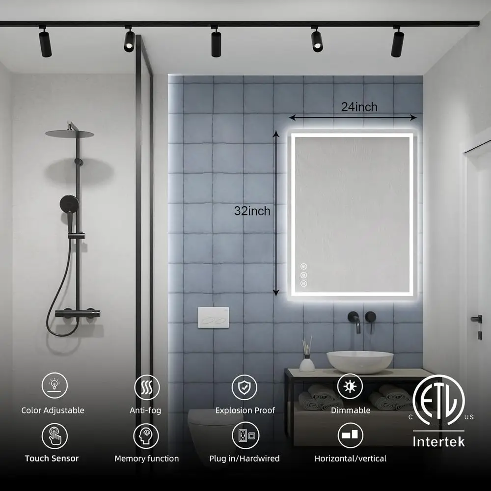 Espejo LED 24x32, retroiluminado y luz frontal, antivaho, brillo ajustable, impermeable, montado en la pared