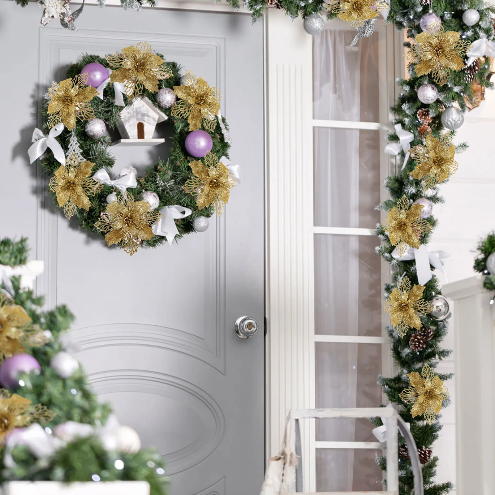 

12 pcs Christmas Tree Ornaments Glitter Poinsettia Flowers Artificial Party Wreath Decor Golden Holiday Craft Diy Xmas