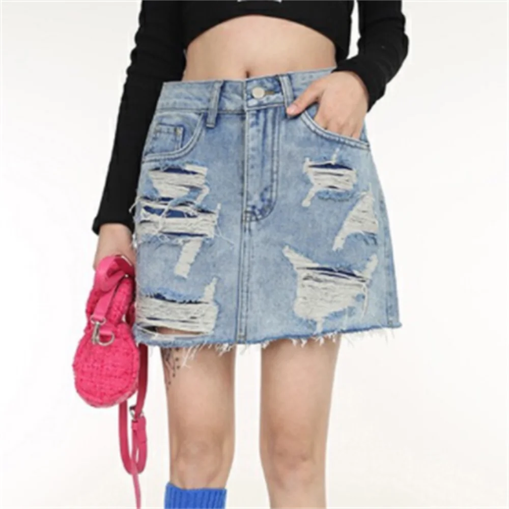 

2023 spring and summer new high waist fashionhole denim skirt female pencil body skirt