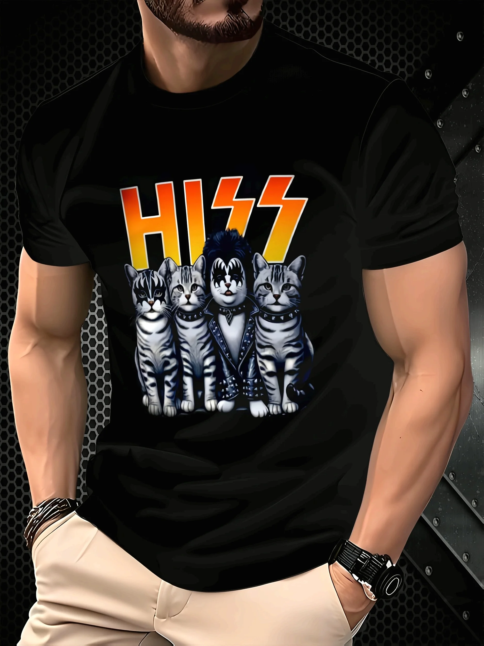 3D Cat Graphic Mens 3D Cat Graphic Tee Black Short Sleeve T-Shirt with Colorful Stripe Polyester Blend Summer Casual Wear