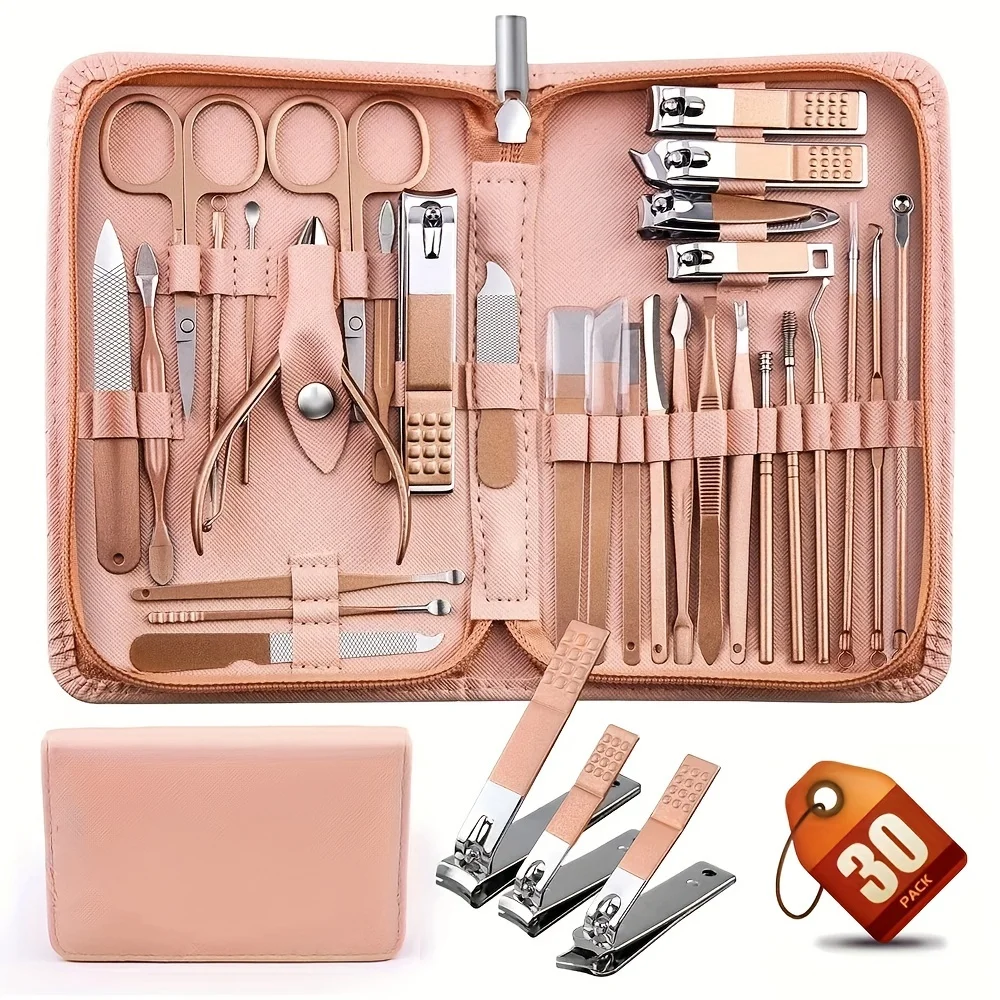 Pink 30 Pcs Manicure Set Professional Nail Clipper Set Stainless Steel Solid Manicure Kit Nail Care Kit With Pink Case Valentine