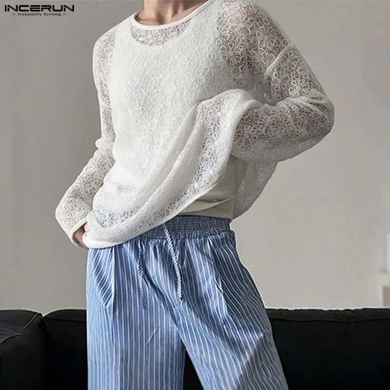 INCERUN hommes t-shirt dentelle voir à travers col rond à manches longues hommes t-shirt hauts Streetwear 2025 mode Sexy mode hommes vêtements S-5XL