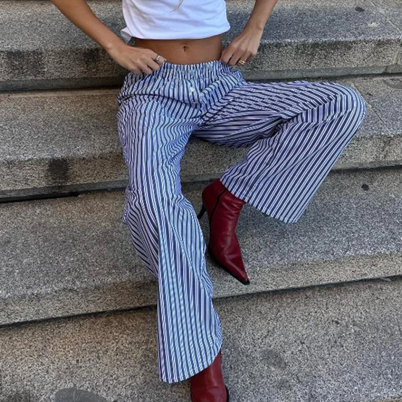 Maemukilabe pantaloni della tuta da donna a righe Plaid Patterm pantaloni a gamba larga a vita alta Y2K pantaloni estetici Vintage Retro Streetwear