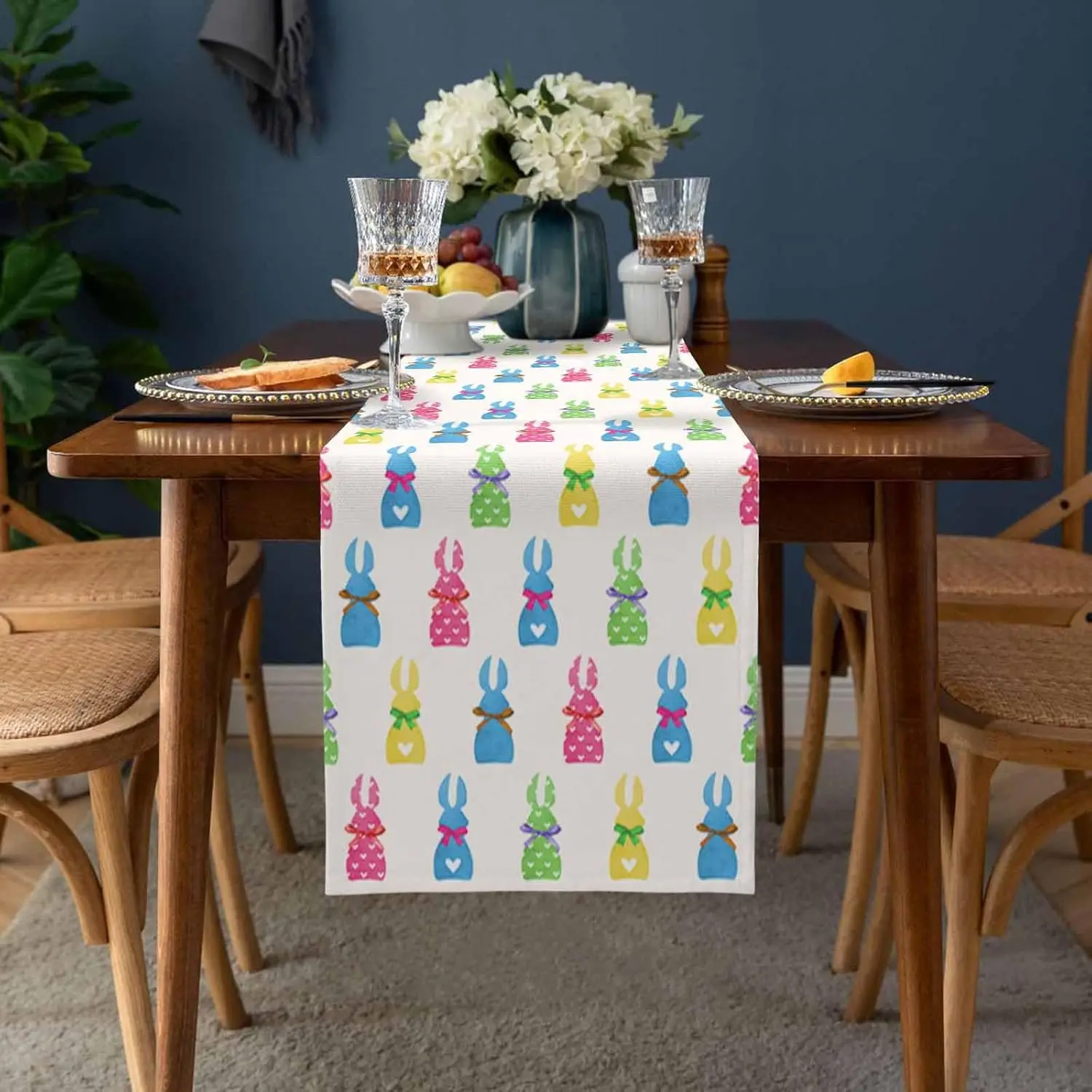 Easter Colorful Bunny Rabbit Bow Tie Spot Linen Table Runner Party Decor Spring Kitchen Dining Table Runner Easter Decorations