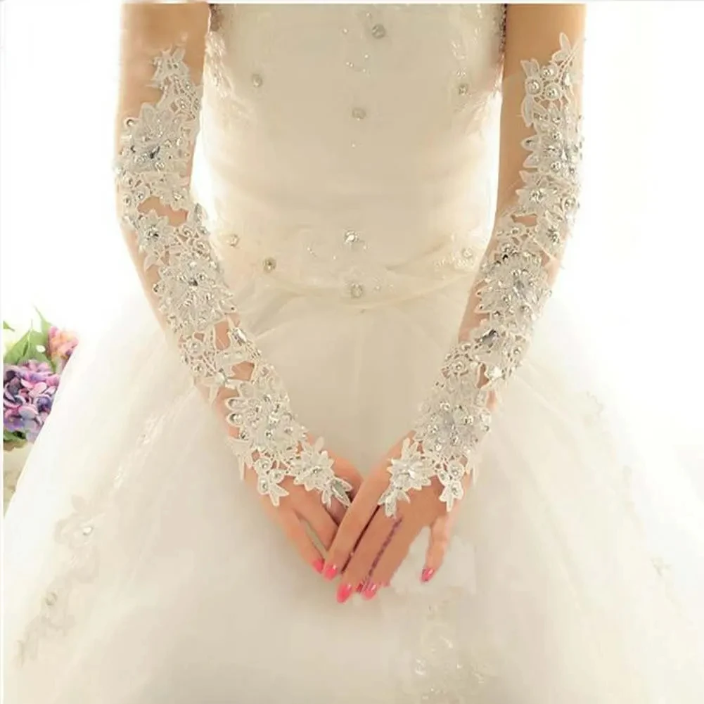 Guanti da sposa da sposa in pizzo con strass senza dita guanti lunghi con applicazioni di Opera di nozze per feste di fantasia