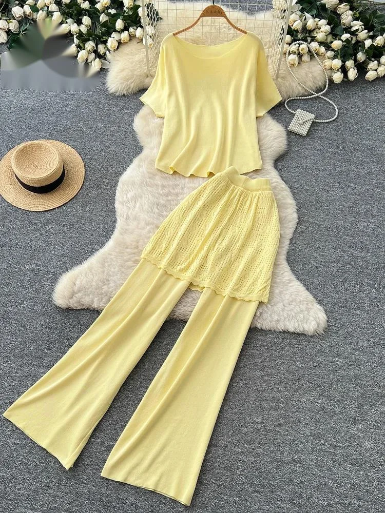 

Korean Knit Casual Set Summer Simple Daily Cozy O Neck Tops+Slim Wide Leg Pants Women Fashion Loose Workwear 2Pcs Sets