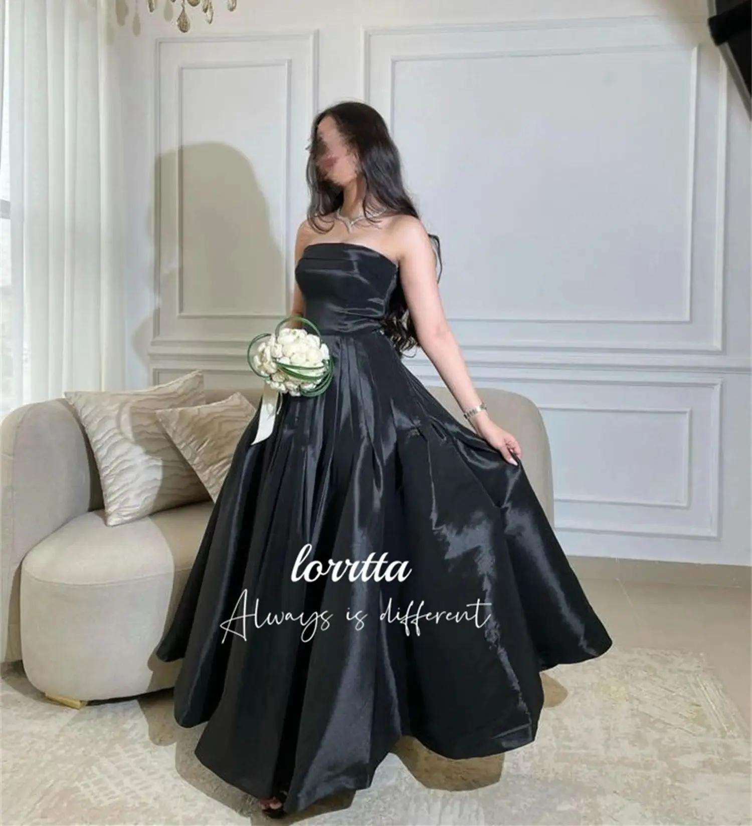 Lorrtta Black Eid Dress Strapless Glossy Fabric Line A Party Elegant Evening Dresses 2024 Luxury Happy Prom Customized