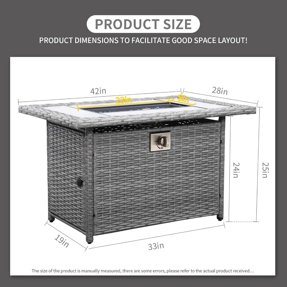 Outdoor 45 Inch Wicker Gas Fire Pit Table with Woodgrain Marble Top and Fire Pit Cover for Patio Use