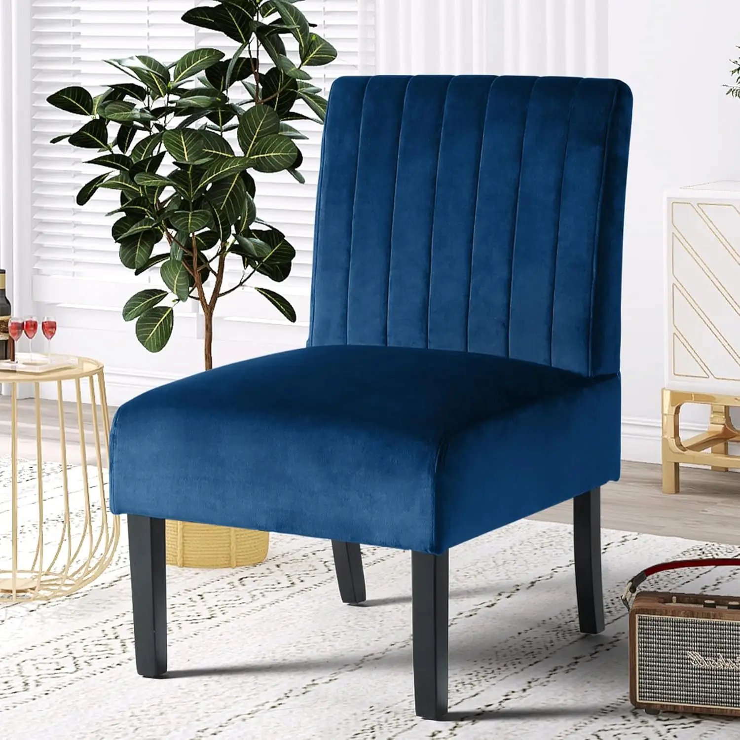 Modern Velvet Armless Accent Chair Decorative Slipper Vanity for Bedroom, Corner Side Living Room Navy Blue