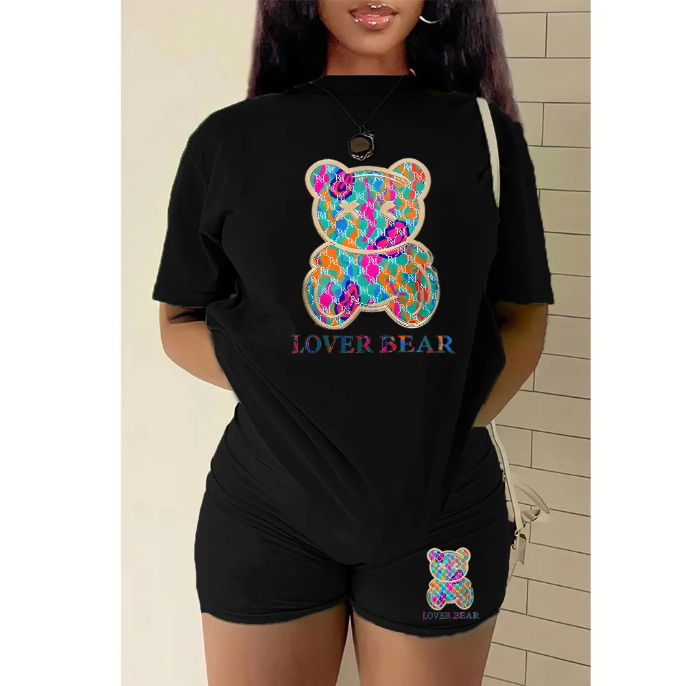 

2025 Womans Tracksuits Suits Set Casual T Shirt Set Short Sleeve O-neck Cartoon Print Blouse Pants Two Piece Set Women Outfit