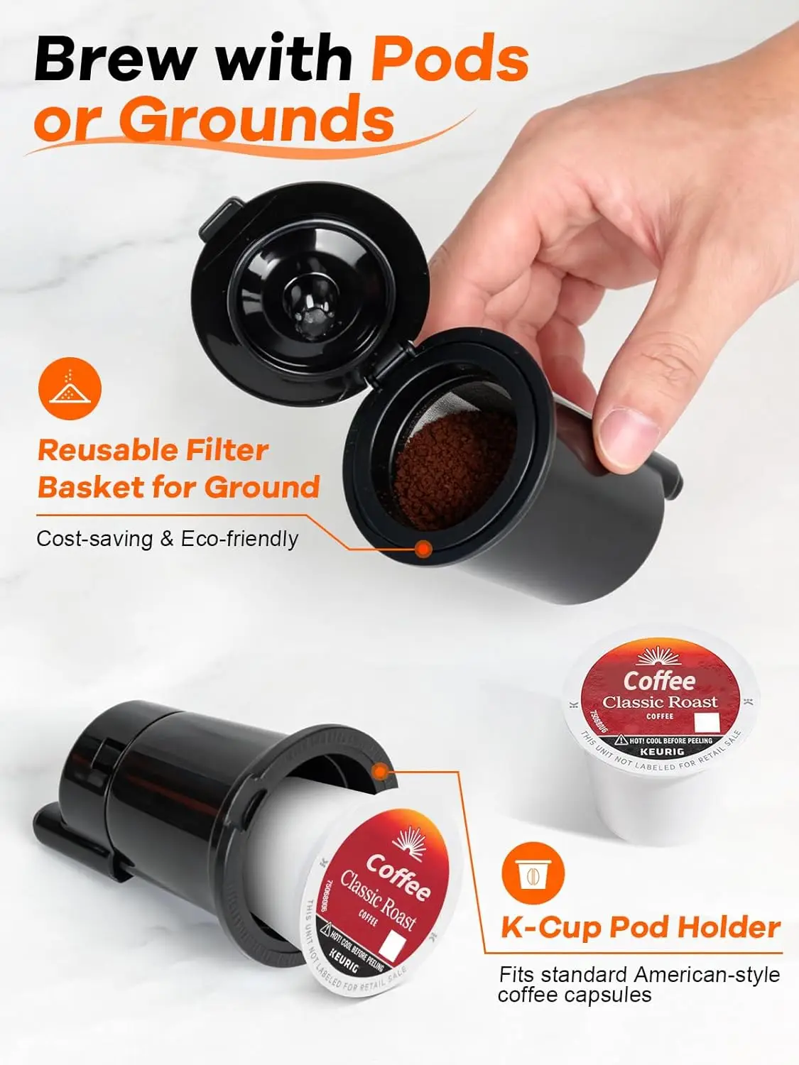 Single Serve Coffee Maker for K-Cup Pods & Ground Coffee, Brews Hot & Iced, Strong Brew Mode, 6-12 oz Cup Sizes, Perfect for Hom