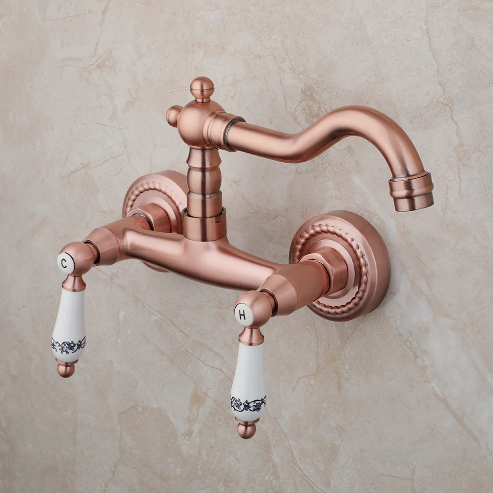 Imagem -02 - Zappo-antique Copper Red Brass Wall Mounted Faucet Torneiras de Alças Misturador para Pia do Banheiro Torneira de Banheira 360 Bico Giratório