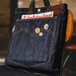 Maden Unisex Retro 14oz Denim Bags Single Shoulder Crossbody Bags Embroidered Versatile Hand-held Tote Large Capacity Bags