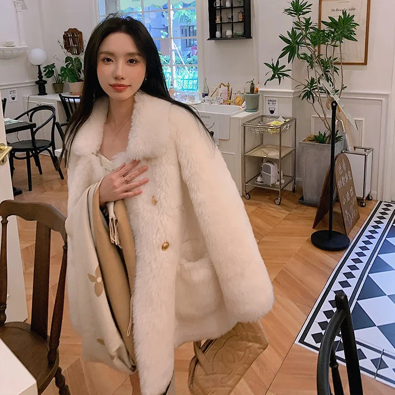 Tajiyane سترة أنيقة لقص الأغنام للنساء جديدة 2023 سترات صوف متوسطة الطول معطف فرو معاطف شتوية عصرية كورية Abrigo Mujer