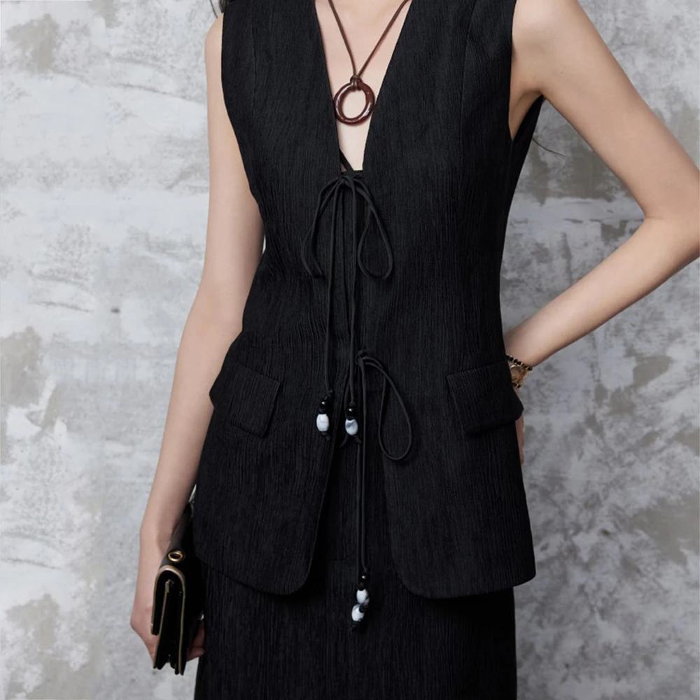 Textured pleated strappy vest Women Chic Elegant Tank Top V-Neck Vest Tops Vest Office Lady