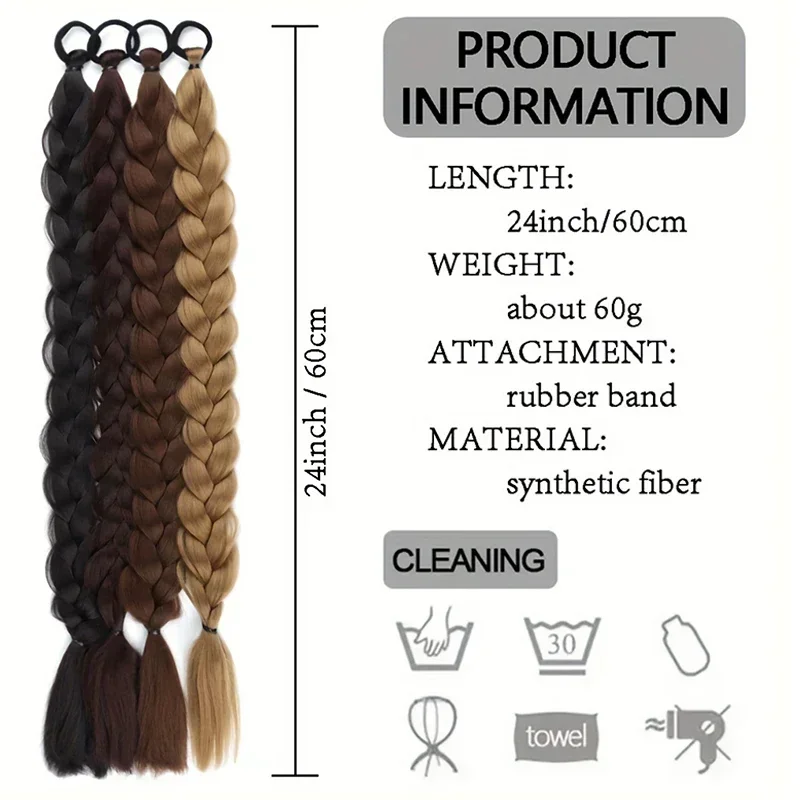 Queue de cheval tressée brune pour femme, extensions de cheveux, postiche synthétique, longue queue de cheval tressée ronde, 24 po