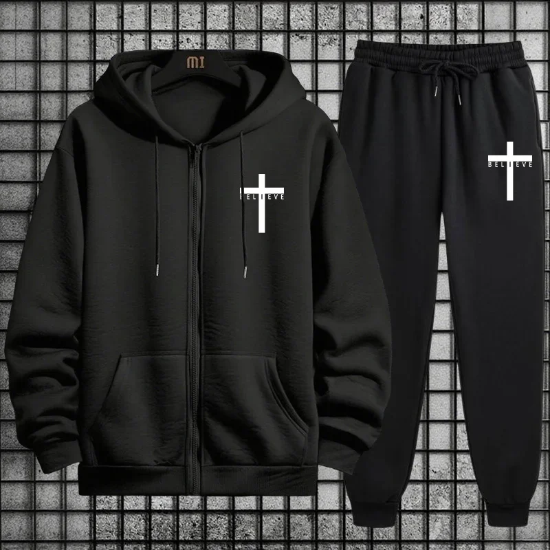 Cross of Christ Mens Hip Hop Tracksuit Set 2026 New 2 Piece Outfit Zipper Hoodie Joggers Urban Streetwear Autumn Winter Fashion