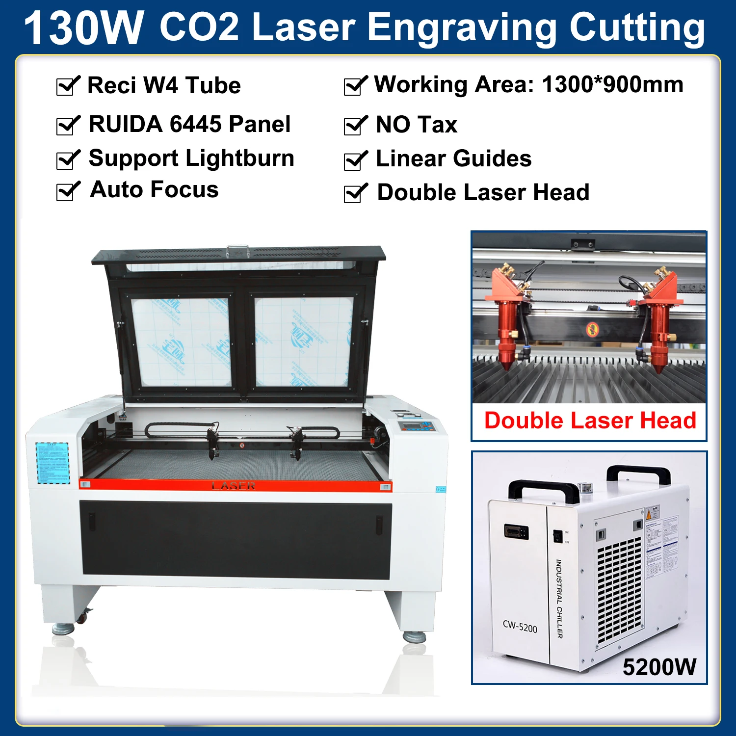 130W CO2 Laser Engraving Machine Double Laser Head 1300*900mm Laser Cutting Machine RECI W4 CO2 Laser Tube Engraver Wood Fabrics