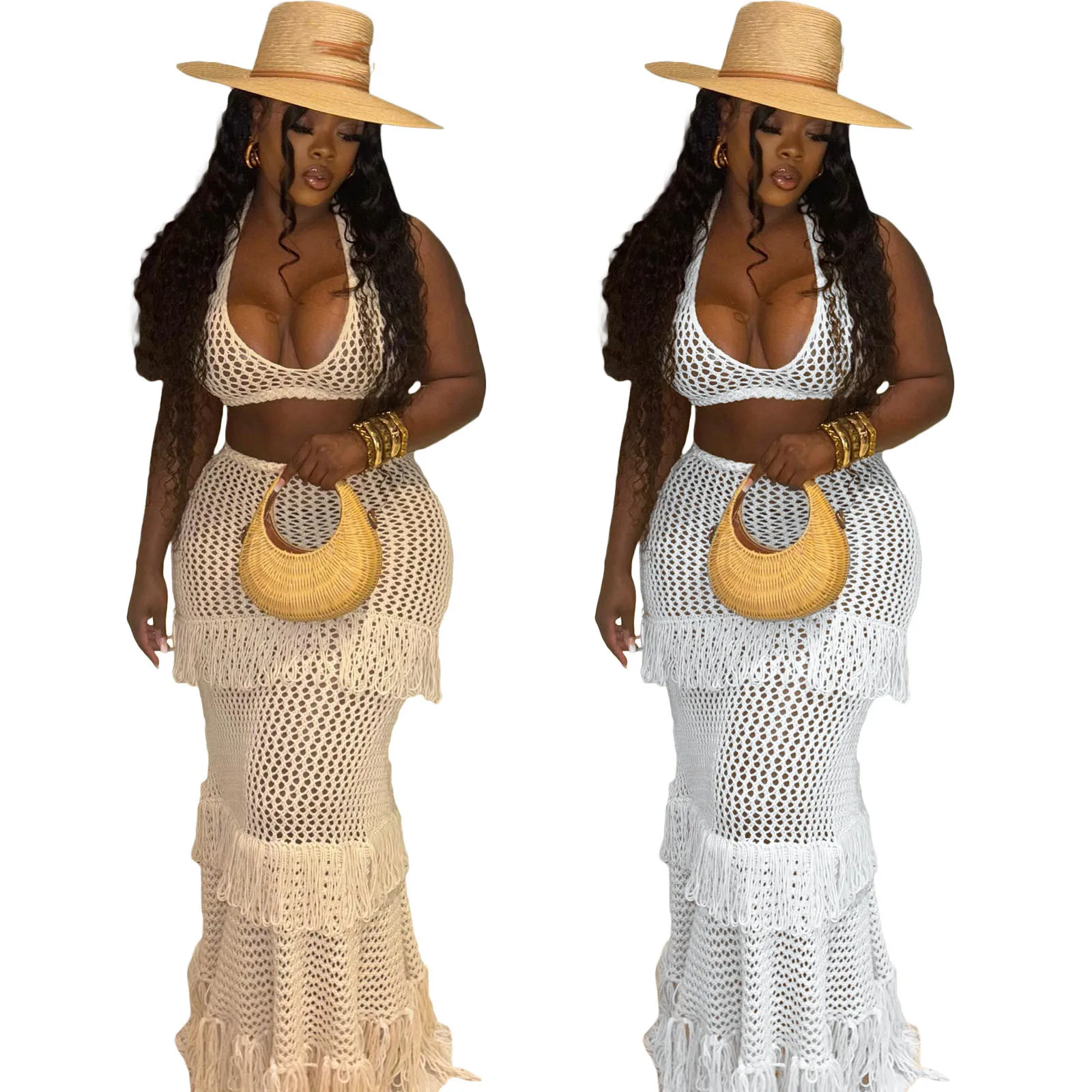 

Sexy Ruffle Elegant Dress Outfits Crop Top Casual Sexy Solid Color Wool Hand Hook Halter Neck Tassel Beach Skirt Suit 2 Piece