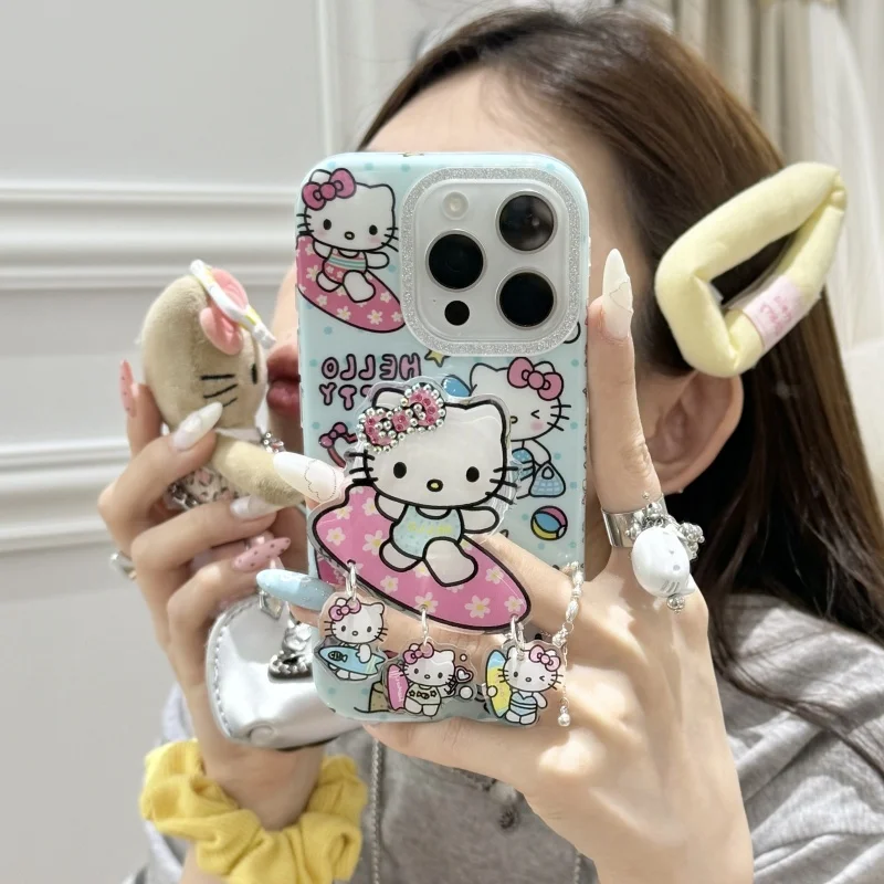

ins summer Cute cartoon surf Hello Kitty Cat protect Phone Case For iPhone 13 14 15 16 Pro Max Funny surfboard Kitty Holder