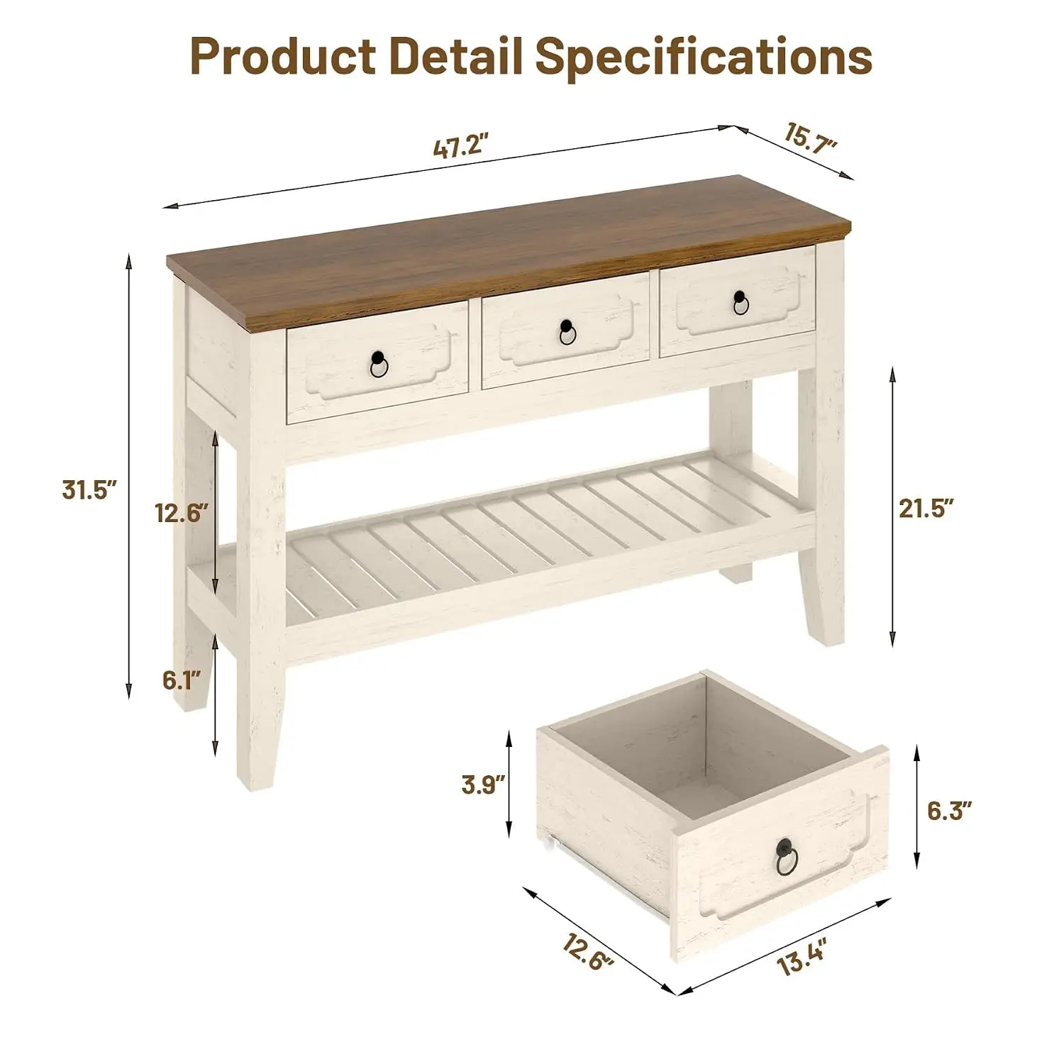 47in Narrow Console Table With Drawers & Bottom Shelf For Entryway Living Room Foyer, Rustic White, Customized