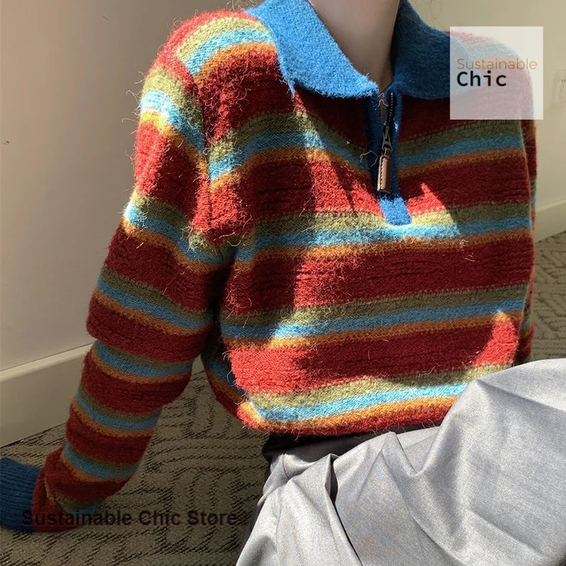 

American retro striped zipper polo neck knit bottoming shirt women's autumn and winter fashion niche chic unique pullover.