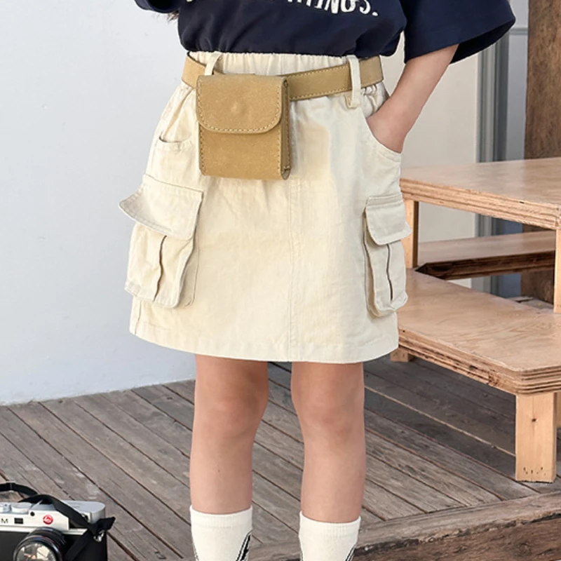 Cargo Skirts Baby Girls Fashion Chino Skirt with Hip Wrap Kids Cotton Spring Summer Chirldren Clothing Solid Color Mini Skirt