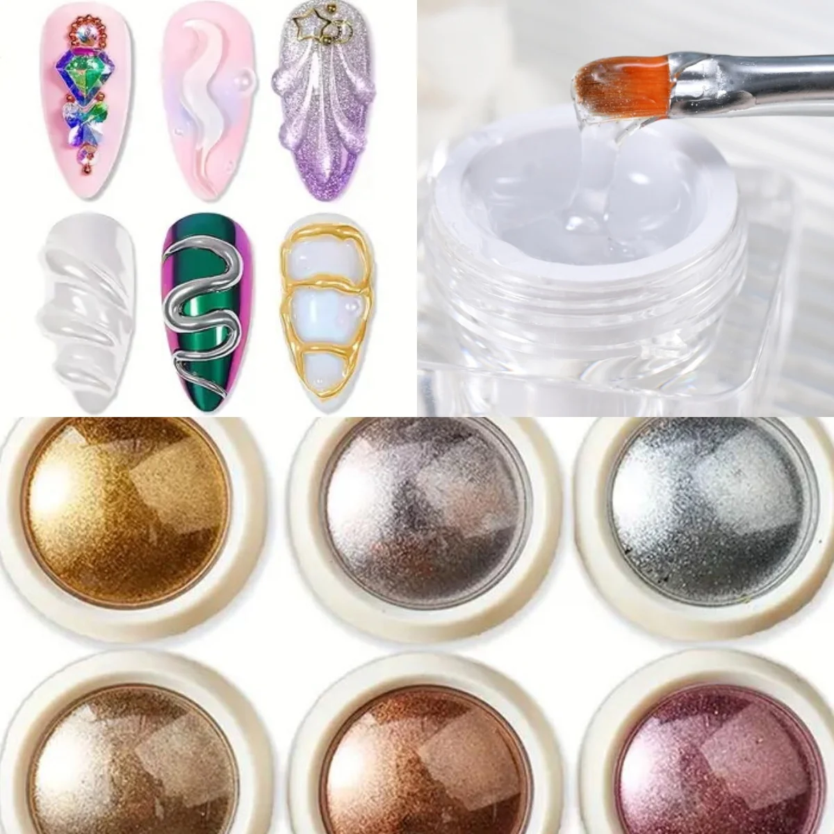 7 قطعة ثلاثية الأبعاد مسمار الفن النحت هلام مجموعة 6 قطعة مسمار معدني بريق مسحوق + 1 قطعة 8 جرام موجة صب النحت جيل للأظافر طقم أظافر *