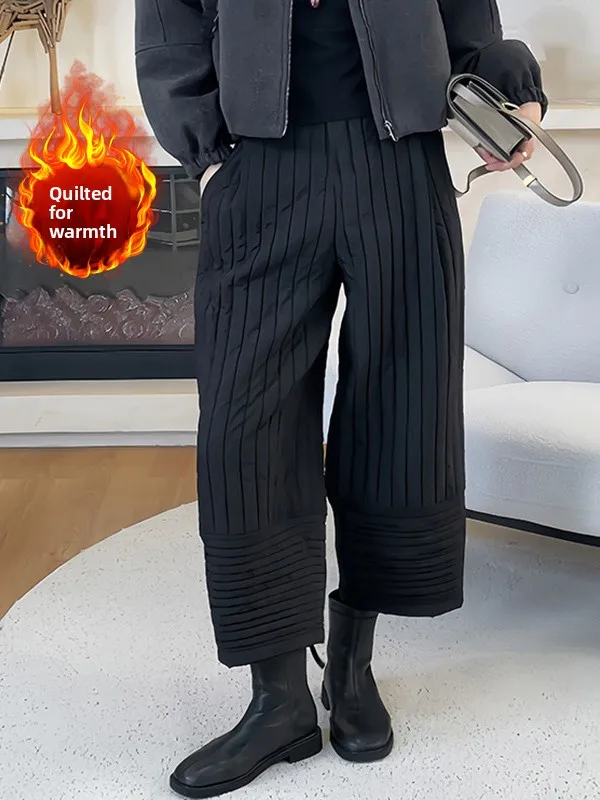 

Зима 2025: Новые женские повседневные брюки больших размеров в полоску, на хлопковой подкладке, прямого кроя, теплые, облегающие, расклешенные брюки-клеш