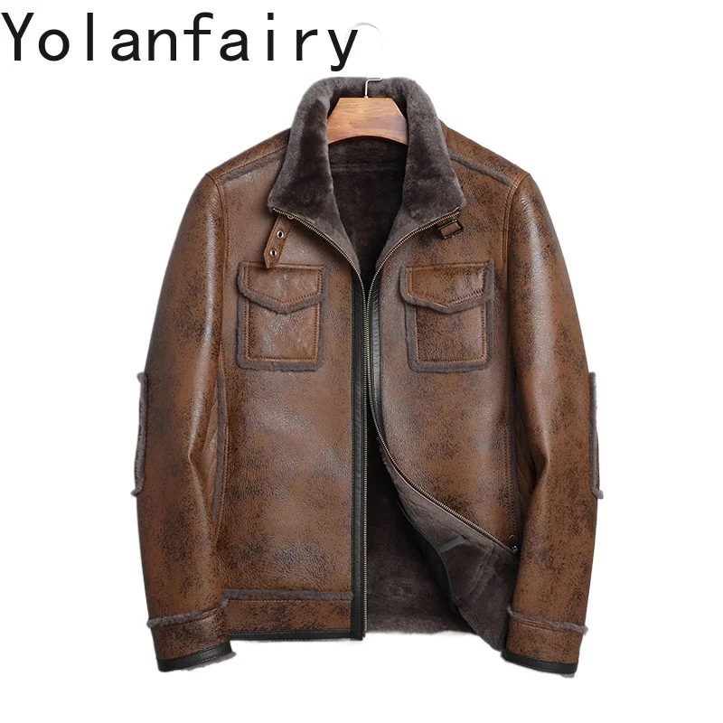 

YOLANFAIRY Высококачественная шуба из натуральной шерсти, мужская теплая зимняя короткая куртка из 100% натуральной овчины, мужские оригинальные шубы