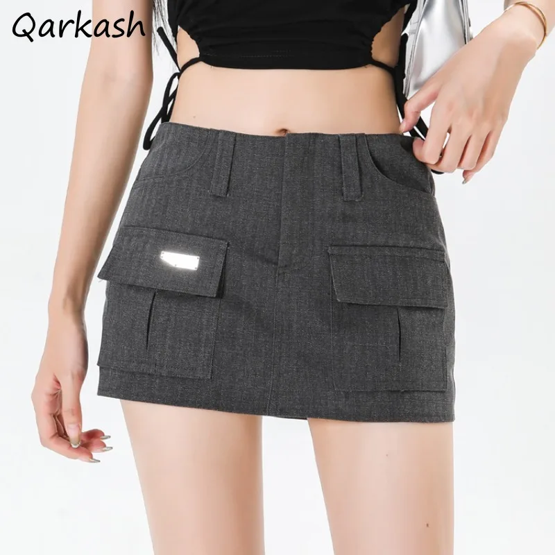 Mini Skirts Women Grey Cargo Style Korean Fashion Vintage Designed All-match A-line Summer High Street Y2k Streetwear Pockets