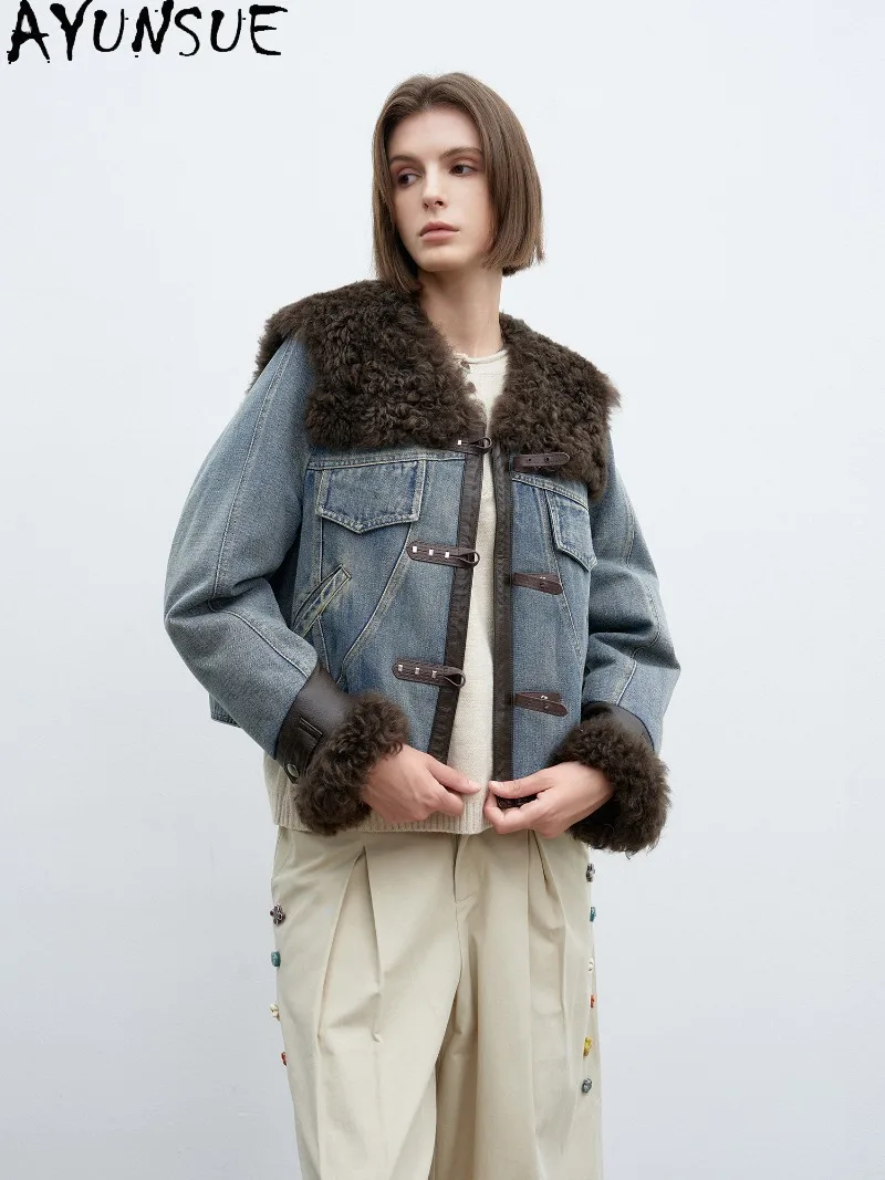 AYUNSUE 90% White Goose Down Denim Parka Female Winter Clothes Sheepskin Integral Fur Coat Down Jacket Women Fashion Loose Fit