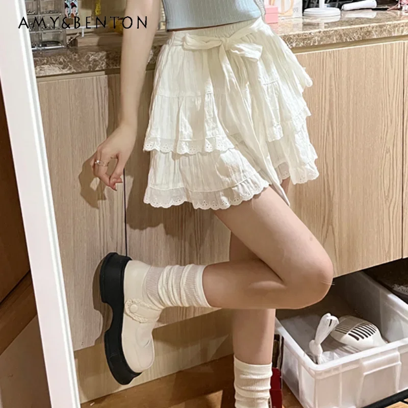 

2024 Summer New Casual Style White Light and Breathable Lace Bow A Line Slim Cake Skirt Pencil Skirt Fashionable and Soft Girl