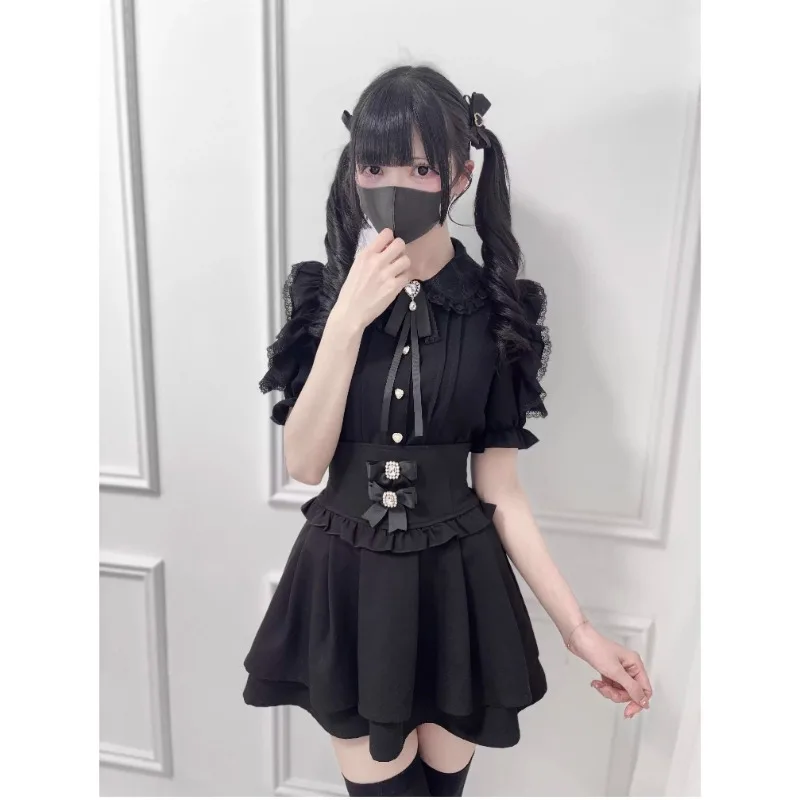 Lolita Off-the-shoulder Lace Bow-embellished Short-sleeved Top Blouse Mass-produced Mine Series Single-breasted Shirt For Women