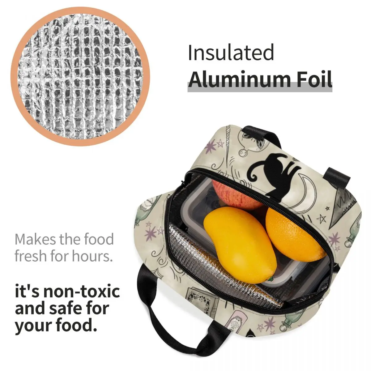 Thermoisolierte Lunchtasche mit Hexen- und Katzenmuster, für Damen, Halloween, Hexe, tragbare Lunchbox für Camping, Reisen, Aufbewahrung von Lebensmitteln