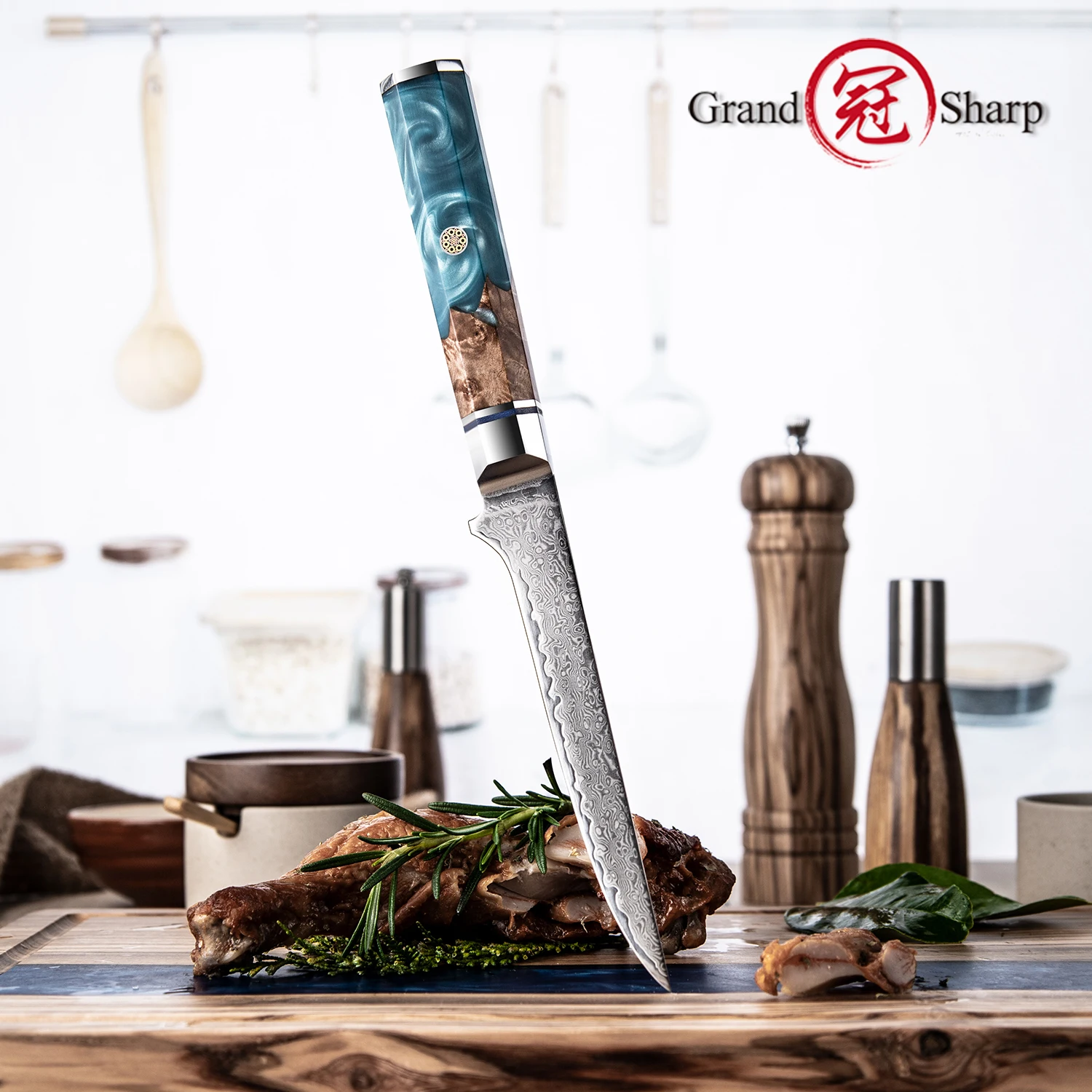 GRANDSHARP 5.7 Inch Boning Knife High Carbon Damascus Steel Fish Filleting Knife Sushi Bone Meat Fruit Vegetables Cutting Tools