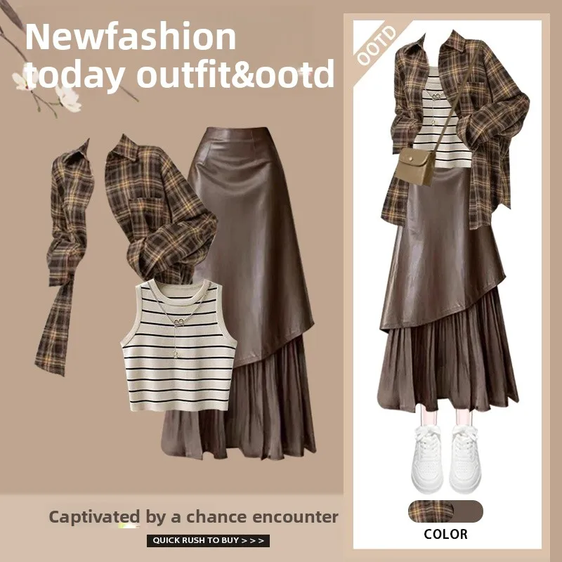 

Весенний модный комплект для женщин: рубашка, платье с воротником-халтер и юбка с высокой талией, утягивающая фигуру, из полиэфирного волокна, с застежкой-молнией, комплект из трех предметов