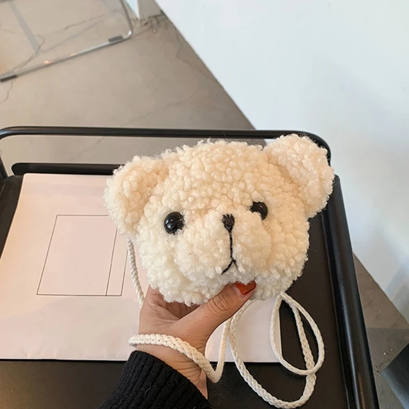 Cute White Brown Plush Bear Head Zipper Purse Small Size Women Messenger Bag Single-Shoulder Bag for Teenager Girl Birthday Gift