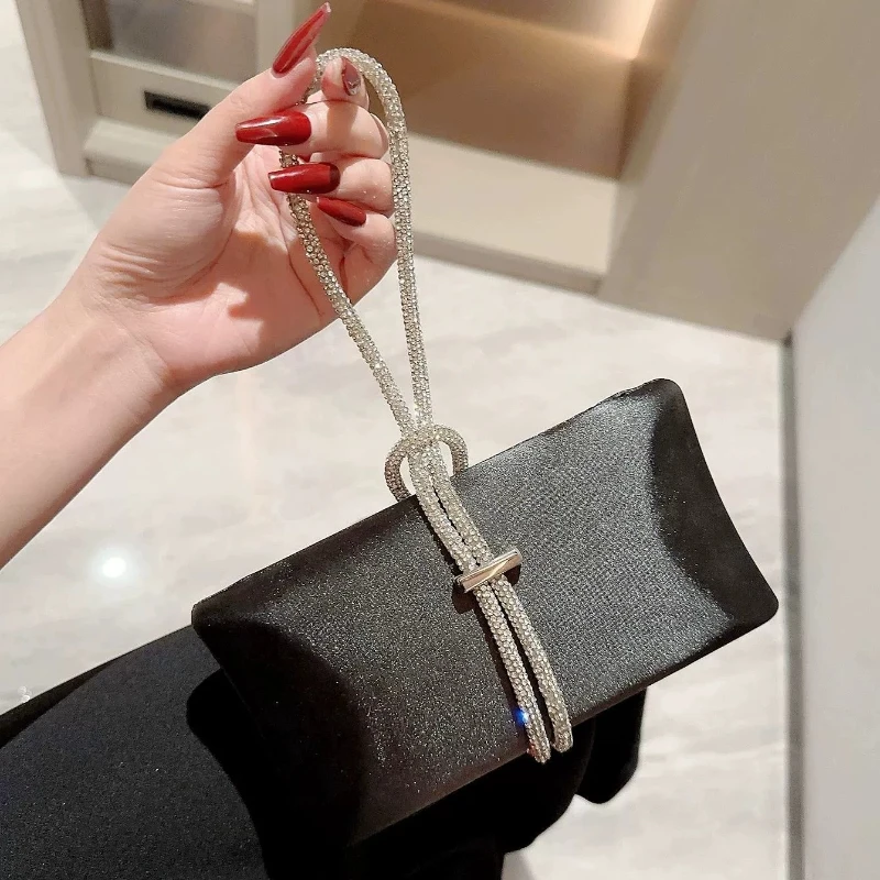 Luxury Rhinestone Handle Evening Clutch Women Hard Box Black Satin Handbag Formal Party Banquet Purse Cocktail Bolsa Feminina