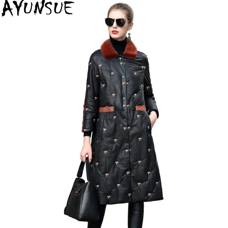 

AYUNSUE Genuine Leather Jacket Women Down Coats Embroidery Winter Jackets Natural Mink Fur Collar Sheepskin Coat Female VH9555