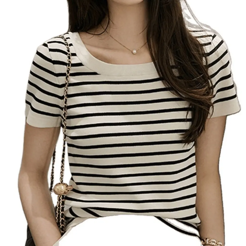 

Women's Ice Silk Striped Design Plus-Size T-Shirt Short-Sleeve Square Neck Knitted Base Slim-Fit Summer Top