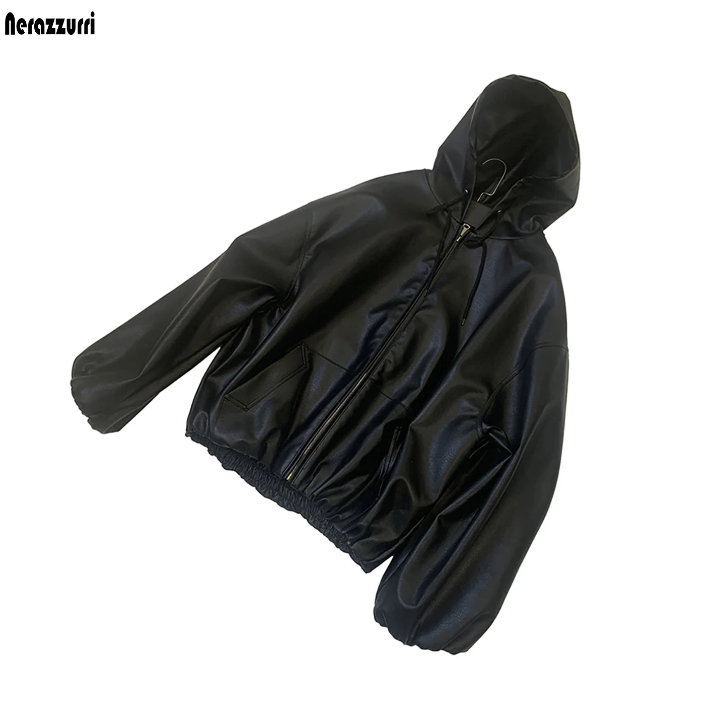 Nerazzurri Spring Autumn Short Oversized Matte Black Pu Leather Jacket Men with Hood Zipper Loose Casual Korean Fashion Clothes