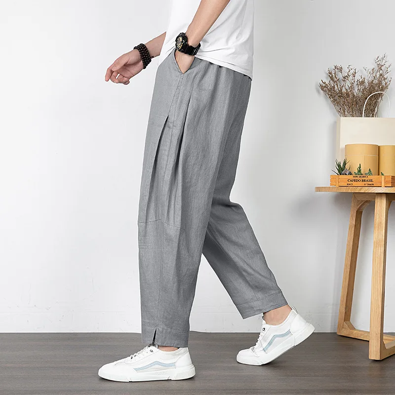 

100% Linen Men's Summer Thin Casual Loose Pants Trendy Japanese Style Ankle-Length Trousers Solid Basic Cropped Pants for Men
