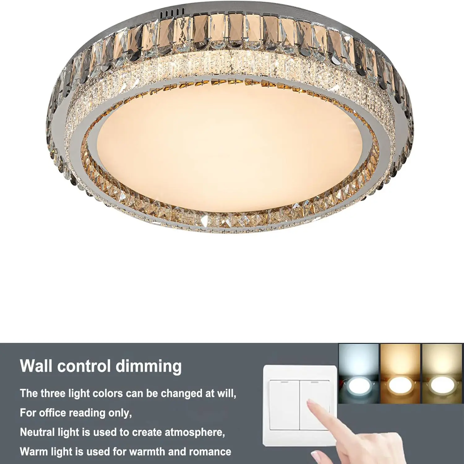 

Crystal LED Flush Mount Ceiling Light Fixture 19.68 Inch Modern Round Chandelier 36W 3 Colors Lighting for Bedroom Hallway