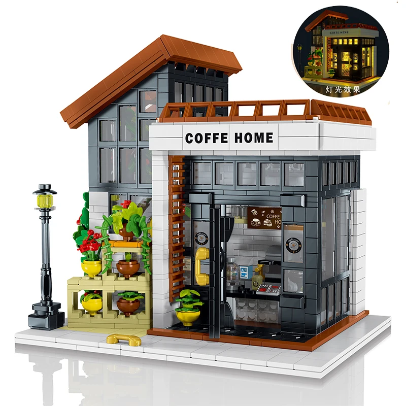 

Creative Sunshine Flower House Coffee Shop Building Block Toys Decoration Model With Lighting Educational Puzzle Brick Kids Gift