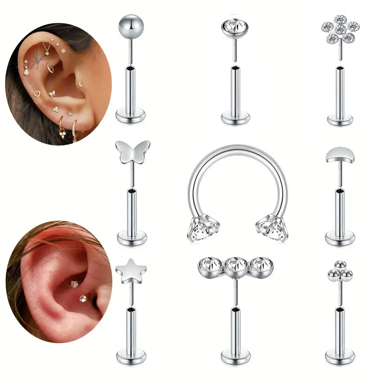 9pcs Body Piercing Studs Stainless Steel Non-threaded Insert Rods Cubic Zirconia Nose Hoop Ring Cartilage Daith Tragus Earrings
